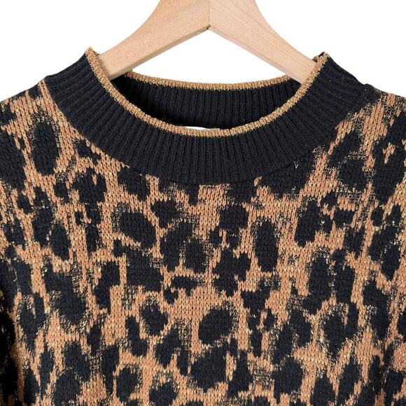 Vintage 80s Crewneck Leopard Pullover Knit Sweater Black Brown Metallic Gold, L - Picture 2 of 11